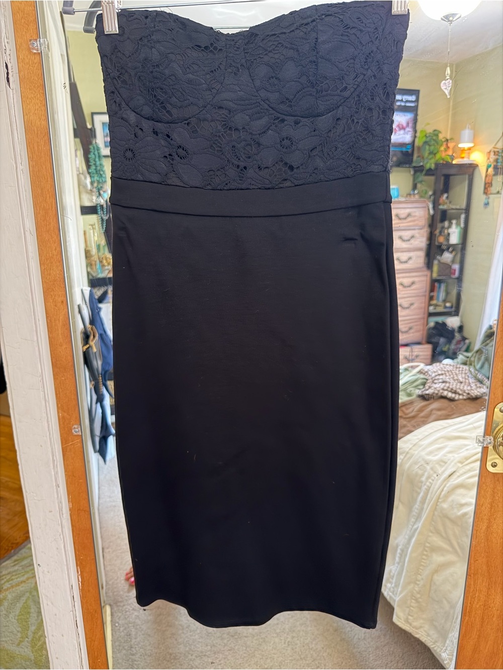 Strapless Black Lace Bodice Pencil Dress - Women